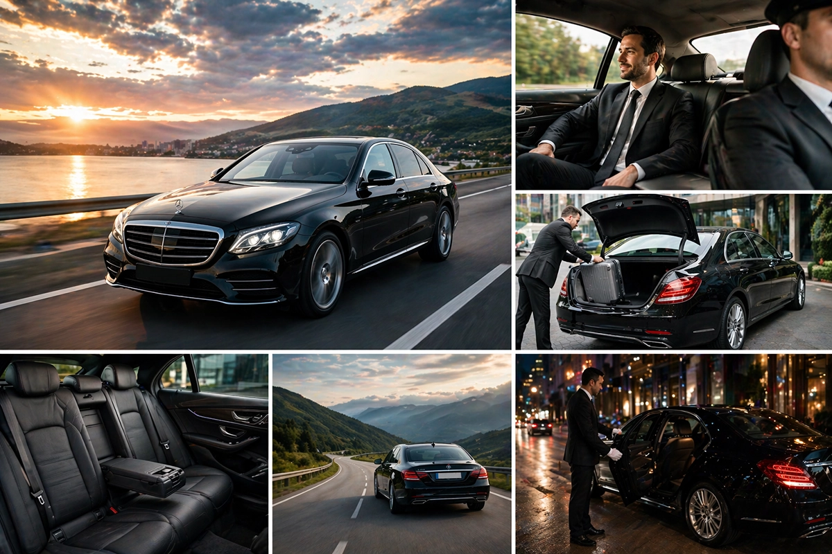 Luxury black executive sedan with professional chauffeur, premium leather interior, luggage assistance, and executive passenger transportation by Cityscape Limo.