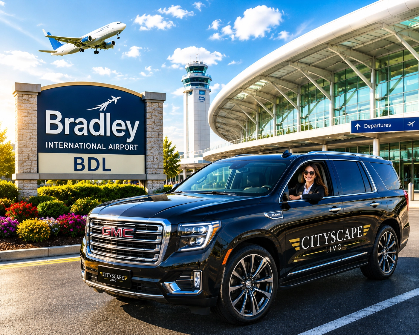 Luxury black SUV from Cityscape Limo providing Bradley Airport (BDL) limo service with a professional chauffeur at Bradley International Airport in Connecticut.