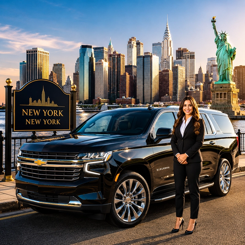 Luxury Chevrolet Suburban chauffeur service in New York City with Manhattan skyline and Statue of Liberty