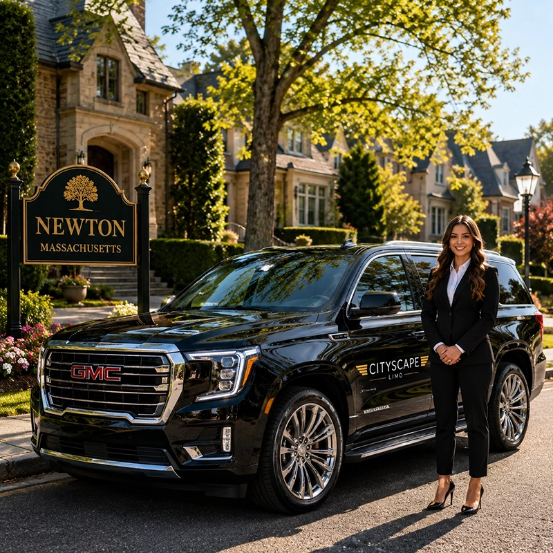 Newton luxury car service with black SUV and professional chauffeur