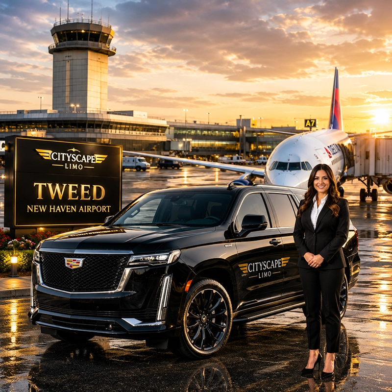 Luxury Cadillac Escalade airport transfer at Tweed New Haven Airport with professional chauffeur