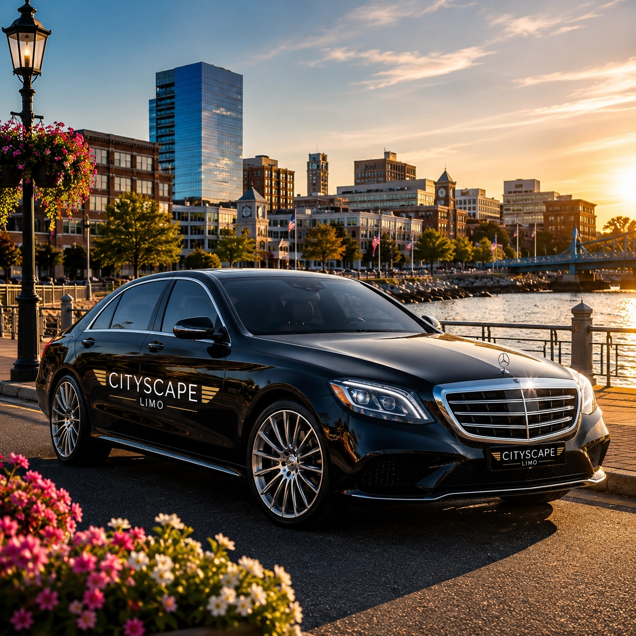 Luxury Mercedes chauffeur sedan by the Bridgeport, Connecticut waterfront offering premium airport transportation and executive car service.
