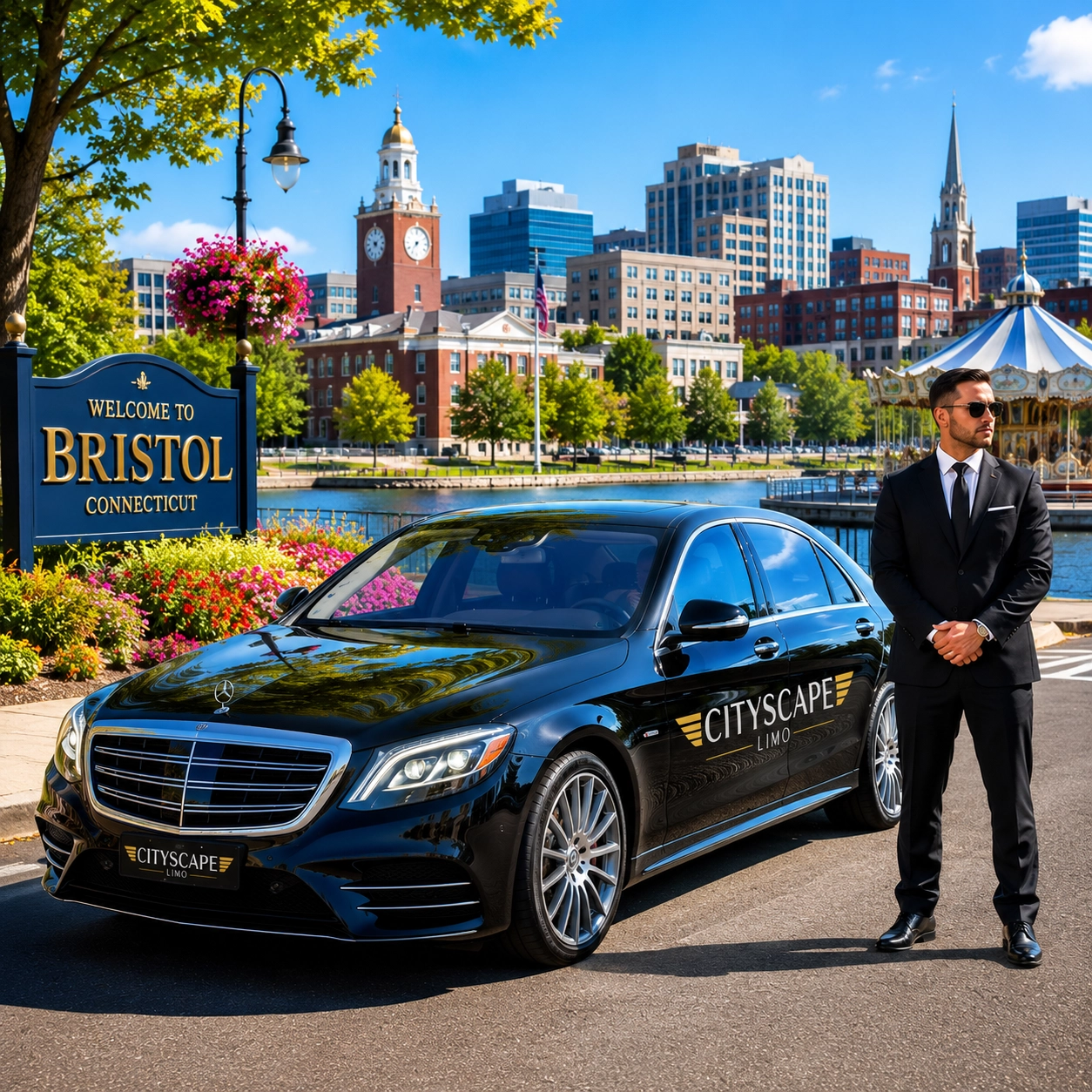 Luxury Mercedes chauffeur sedan with professional driver in Bristol, Connecticut providing premium airport and executive transportation.