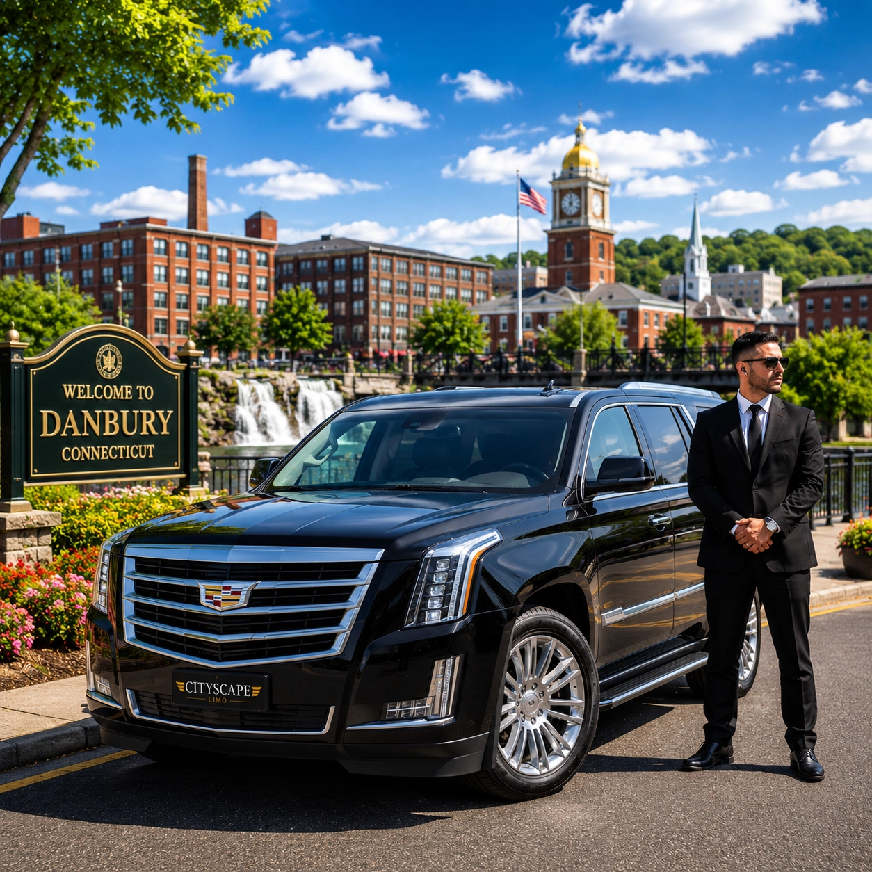 Luxury Cadillac Escalade with professional chauffeur providing airport transportation and executive car service in Danbury, Connecticut.