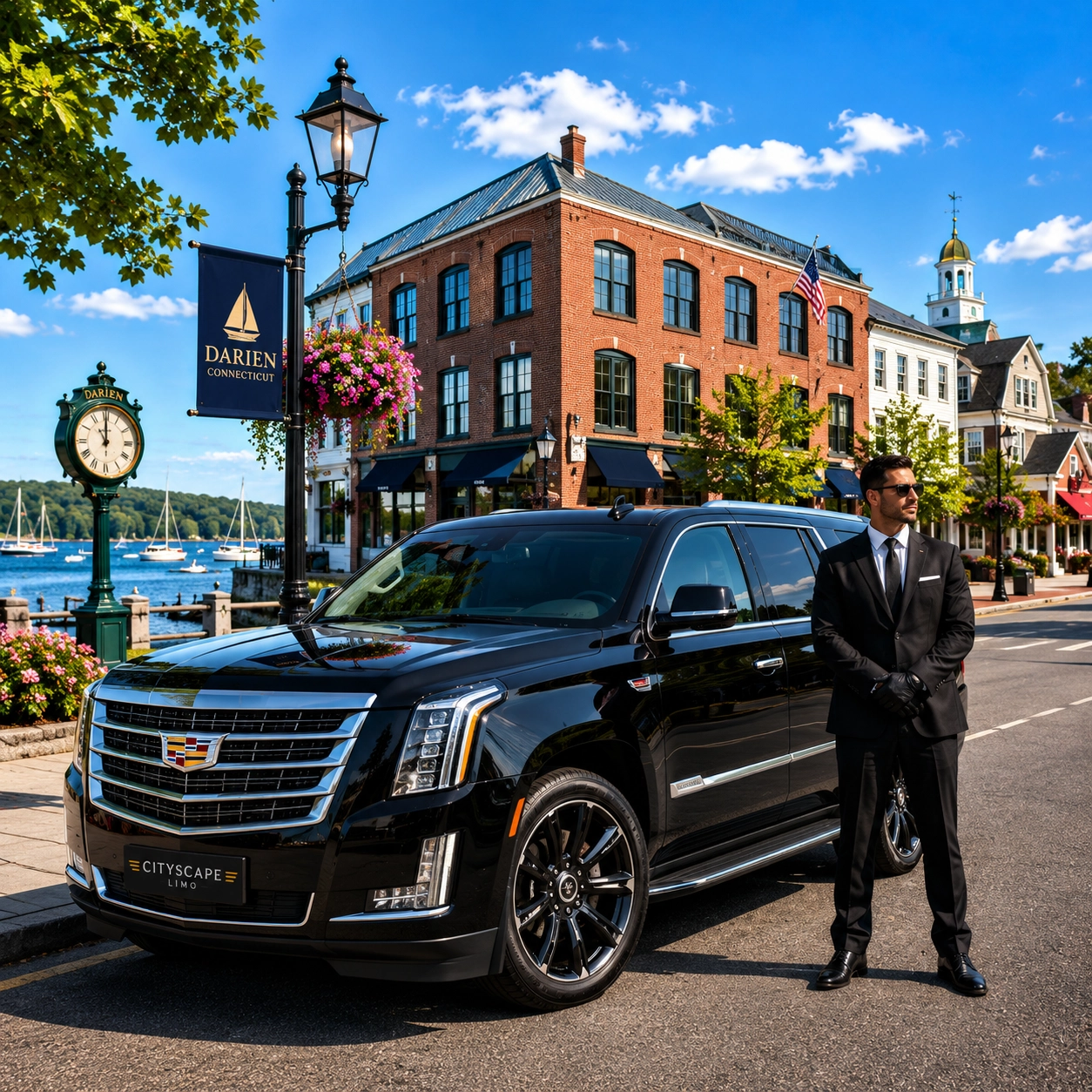 Luxury Cadillac Escalade with professional chauffeur providing premium airport transportation and executive limo service in Darien, Connecticut.