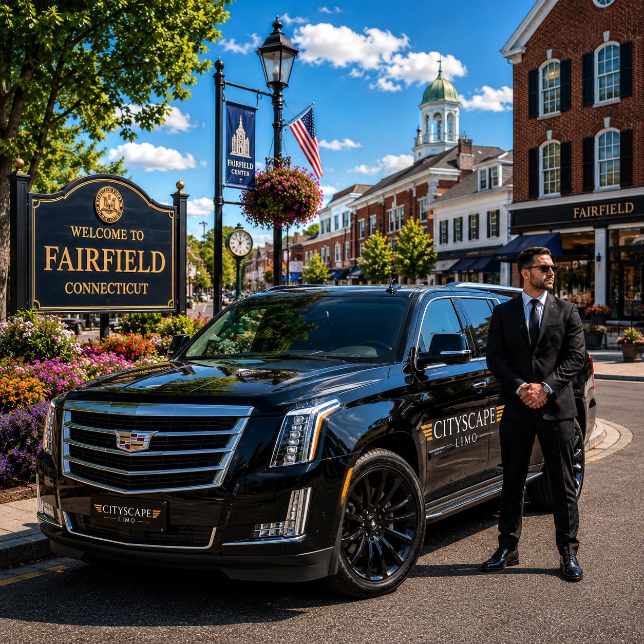 Luxury Cadillac Escalade with professional chauffeur providing premium airport transportation and executive limo service in Fairfield, Connecticut.