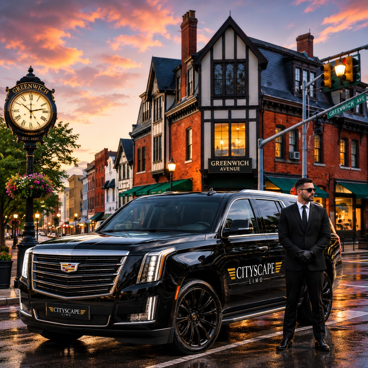 Luxury Cadillac Escalade with professional chauffeur providing premium airport transportation and executive limo service in Greenwich, Connecticut.