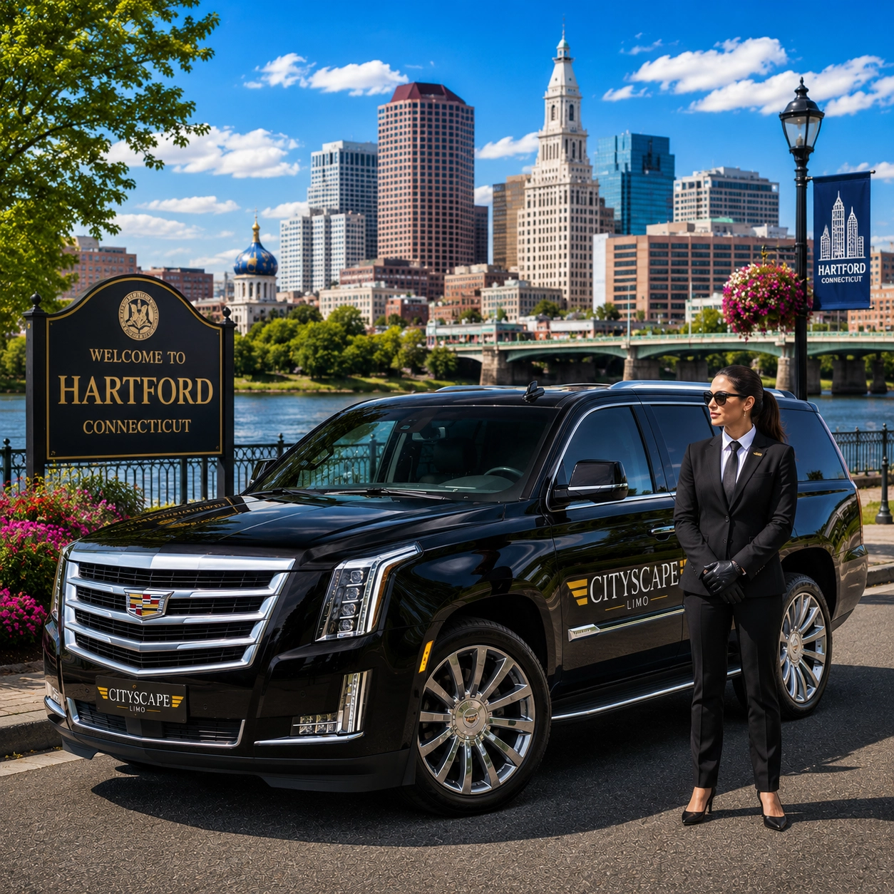 Luxury Cadillac Escalade with professional chauffeur providing premium airport transportation and executive limo service in Hartford, Connecticut.