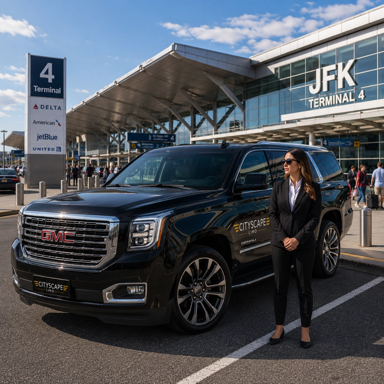 Luxury GMC Yukon Denali with professional chauffeur providing premium airport transportation at JFK Airport Terminal 4 in New York.