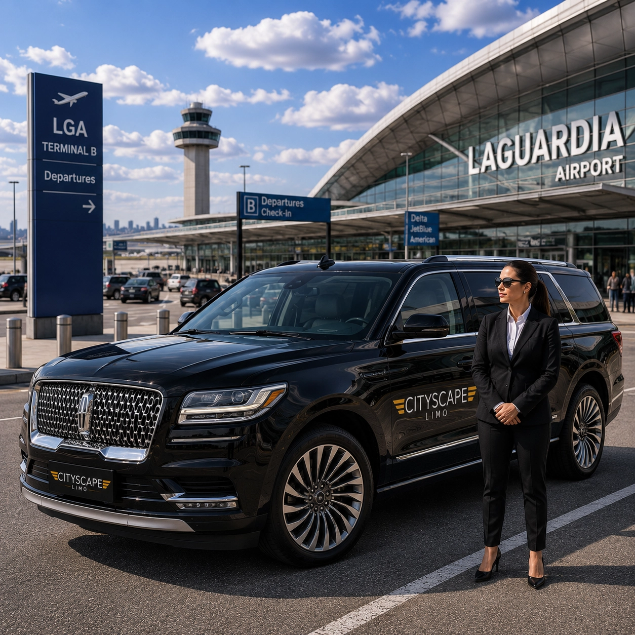 Luxury Lincoln Navigator with professional chauffeur providing premium airport transportation outside LaGuardia Airport (LGA) Terminal B in New York.