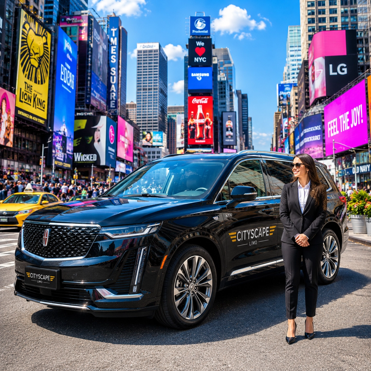 Luxury Lincoln XT6 chauffeur SUV by Cityscape Limo in Times Square, Manhattan, New York City with a professional chauffeur providing executive transportation.