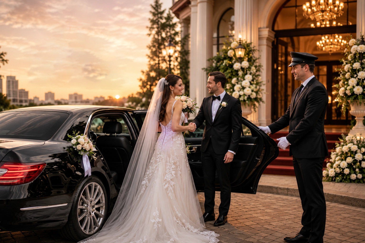 Luxury Wedding Limo Service | Wedding Transportation | Cityscape Limo Bride and groom arriving in a luxury wedding sedan with a professional chauffeur at an elegant wedding venue, featuring Cityscape Limo's luxury wedding limo service across Connecticut, New York, New Jersey, and Massachusetts.