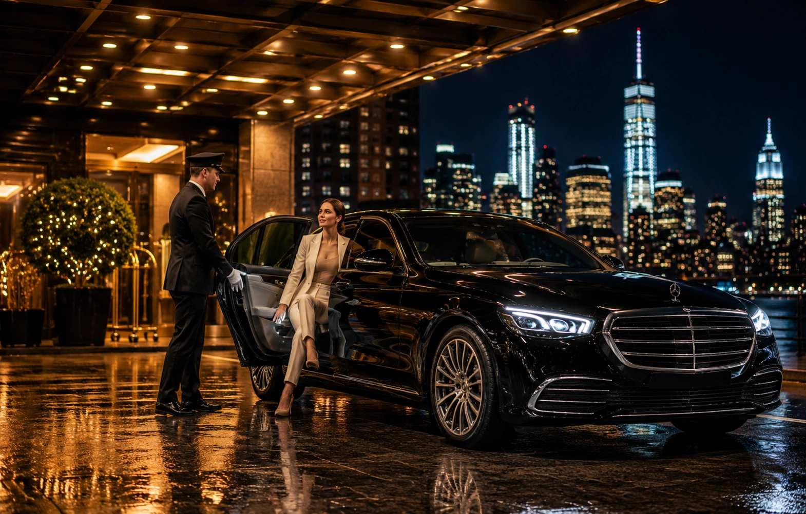 Professional chauffeur assisting a passenger from a luxury Mercedes sedan during an hourly chauffeur service in Connecticut, New York, New Jersey, and Massachusetts by Cityscape Limo.