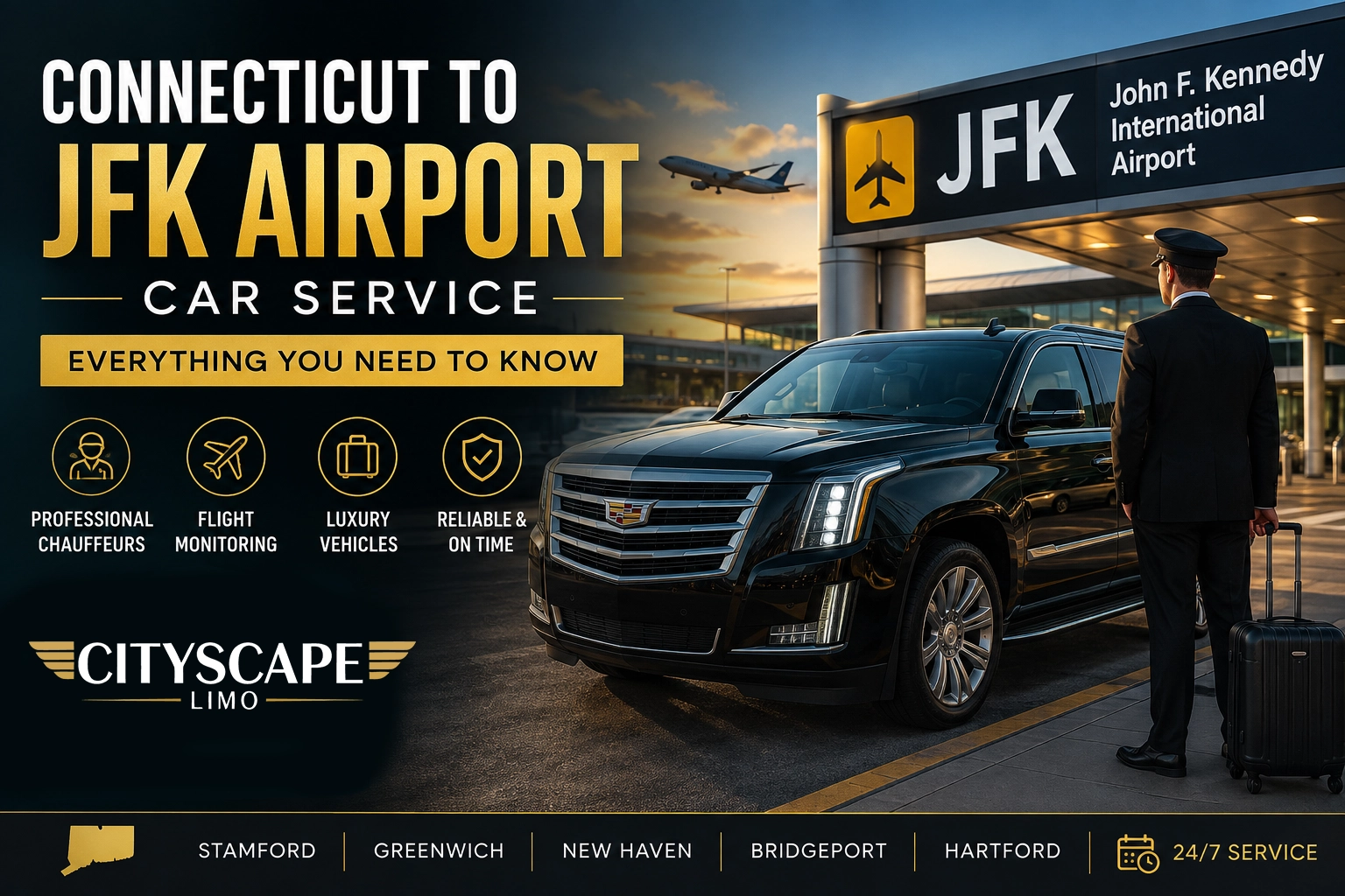 Luxury black SUV and professional chauffeur at JFK Airport representing Cityscape Limo's private airport car service from Connecticut to JFK Airport.