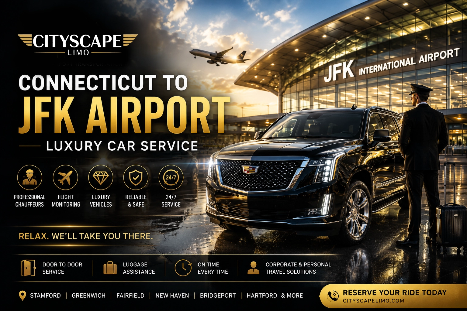Luxury Cadillac Escalade with professional chauffeur outside JFK International Airport providing private Connecticut to JFK Airport transportation by Cityscape Limo.